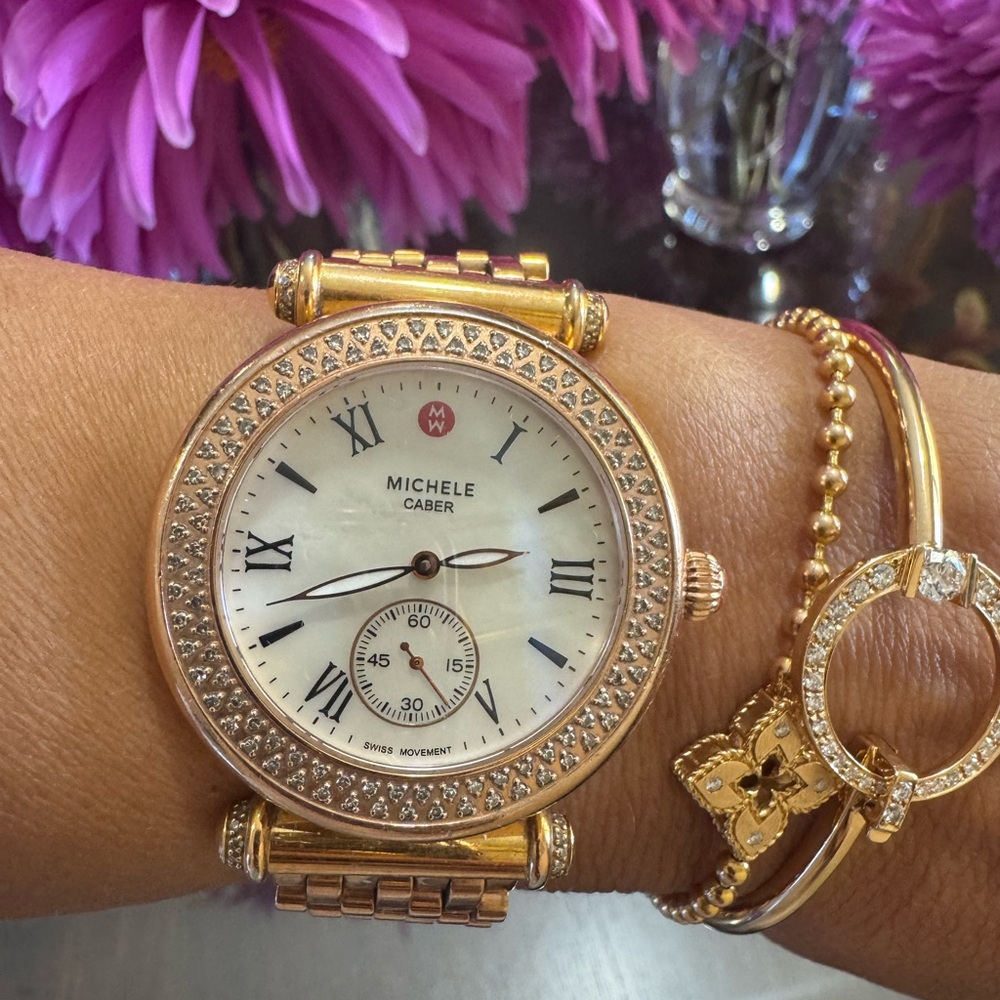$3990 Michele Caber Diamond Watch Rose Tone Mother of Pearl Dial – 37mm